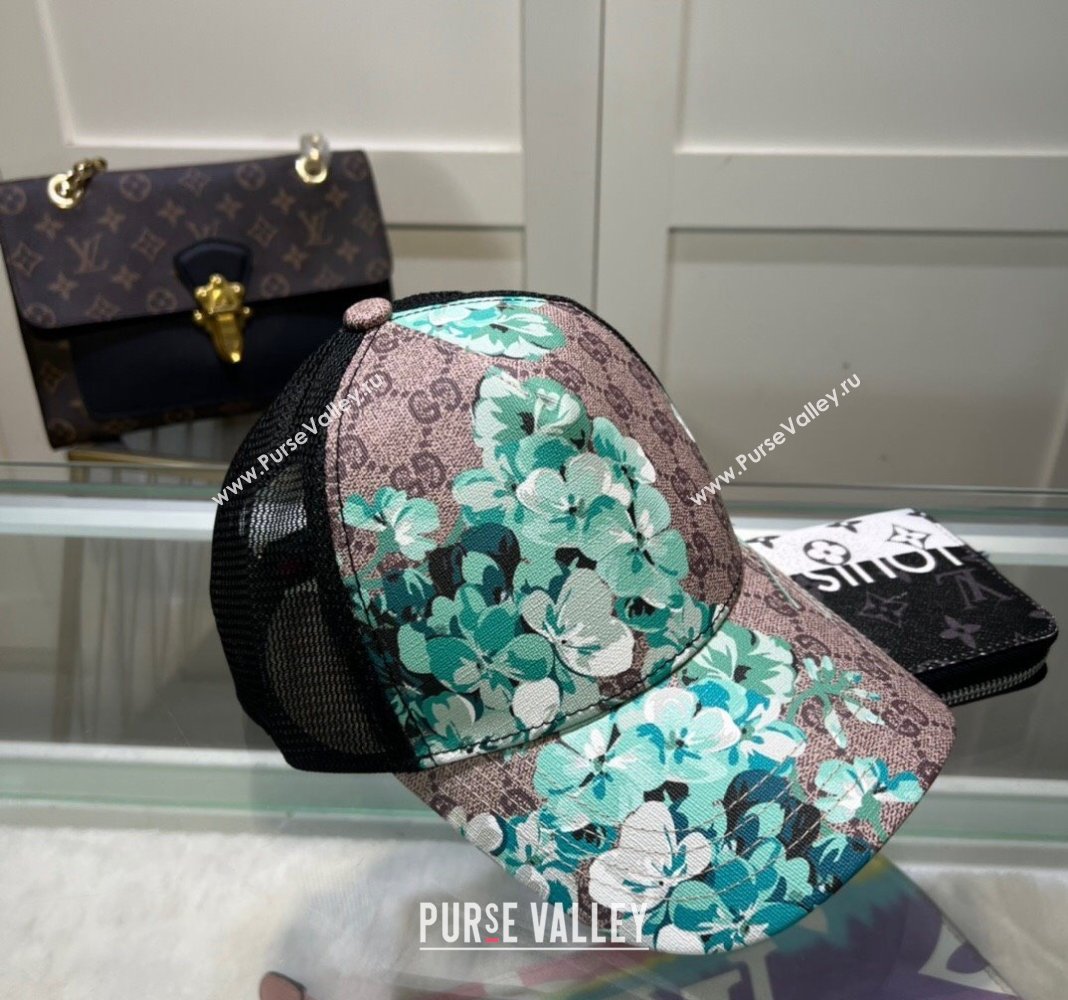 Gucci Beige Canvas and Mesh Baseball Hat with Flora Blue 2024 040301 (A-240403071)
