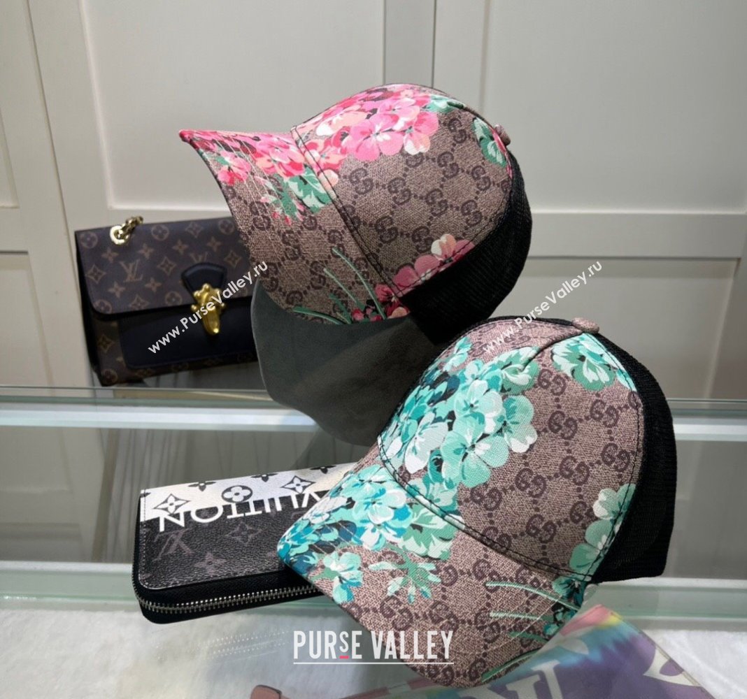 Gucci Beige Canvas and Mesh Baseball Hat with Flora Blue 2024 040301 (A-240403071)