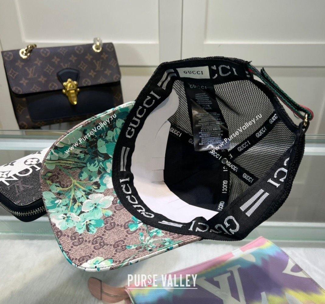 Gucci Beige Canvas and Mesh Baseball Hat with Flora Blue 2024 040301 (A-240403071)