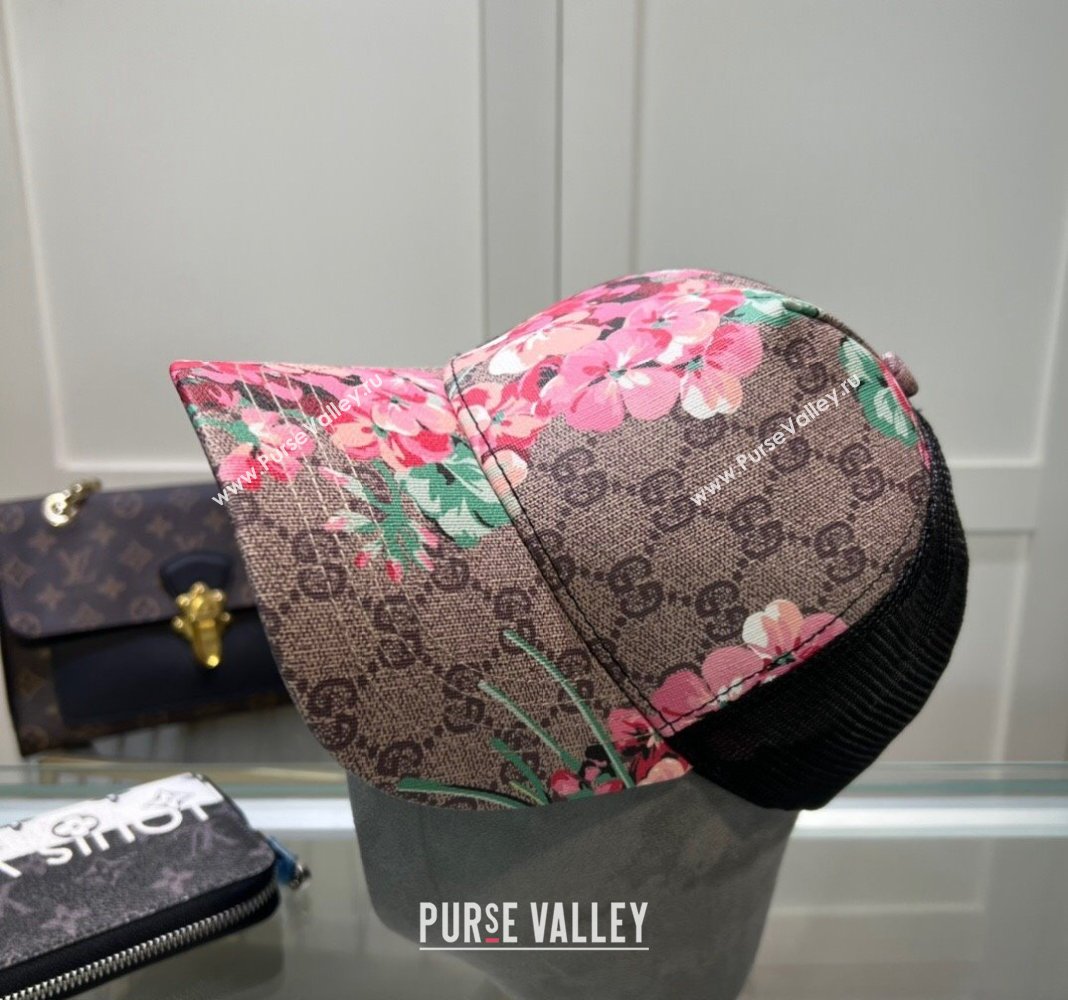 Gucci Beige Canvas and Mesh Baseball Hat with Flora Pink 2024 040301 (A-240403072)