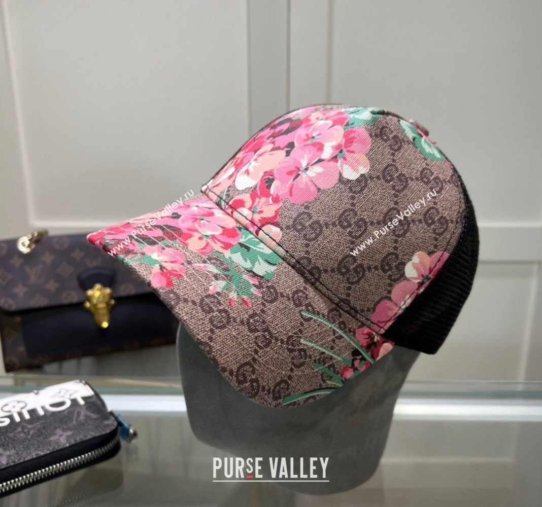 Gucci Beige Canvas and Mesh Baseball Hat with Flora Pink 2024 040301 (A-240403072)