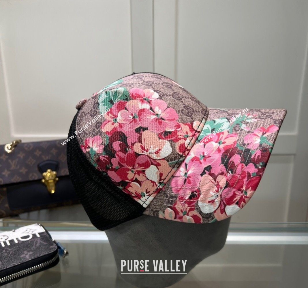 Gucci Beige Canvas and Mesh Baseball Hat with Flora Pink 2024 040301 (A-240403072)