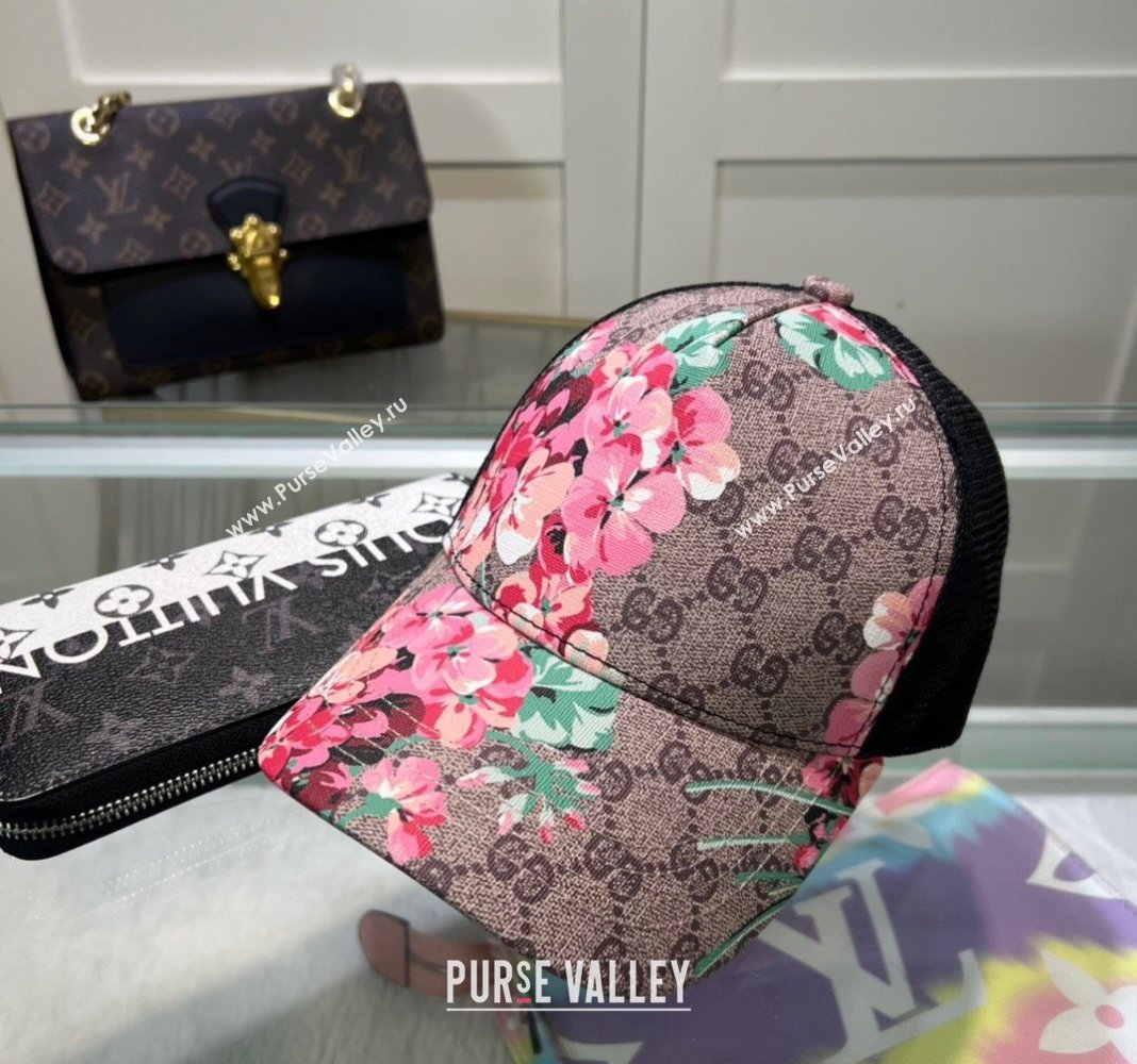 Gucci Beige Canvas and Mesh Baseball Hat with Flora Pink 2024 040301 (A-240403072)