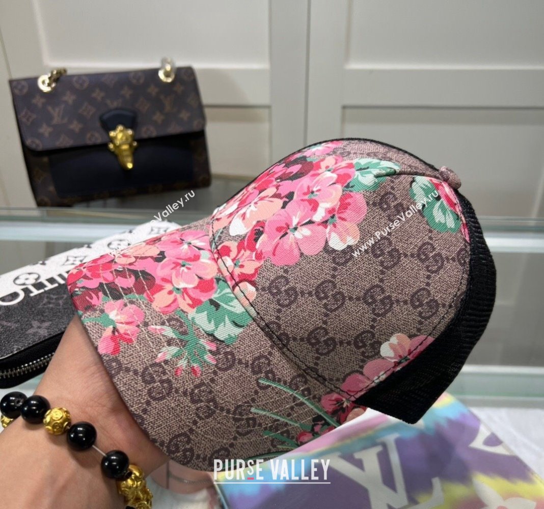 Gucci Beige Canvas and Mesh Baseball Hat with Flora Pink 2024 040301 (A-240403072)