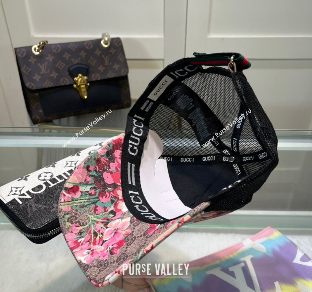 Gucci Beige Canvas and Mesh Baseball Hat with Flora Pink 2024 040301 (A-240403072)