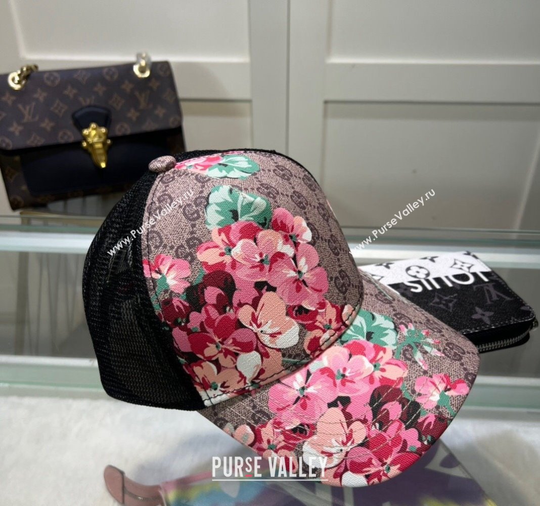 Gucci Beige Canvas and Mesh Baseball Hat with Flora Pink 2024 040301 (A-240403072)