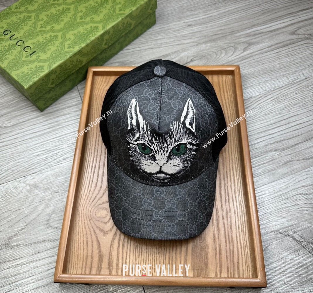 Gucci GG Canvas Baseball Hat with Cat Print Black 2024 0403 (MAO-240403114)