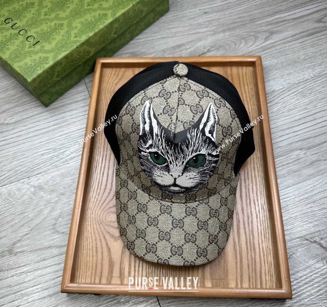 Gucci GG Canvas Baseball Hat with Cat Print Beige 2024 0403 (MAO-240403115)