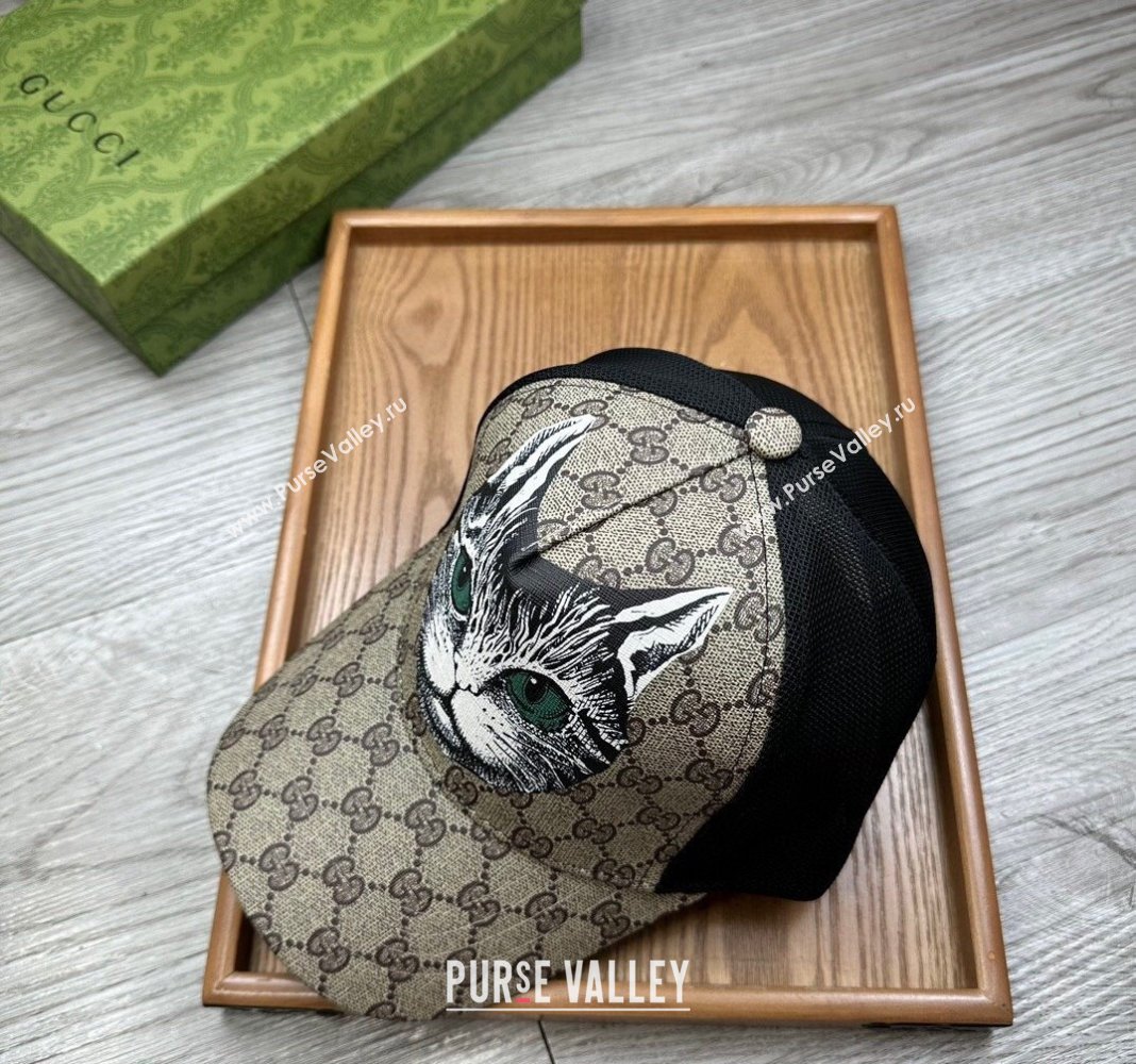 Gucci GG Canvas Baseball Hat with Cat Print Beige 2024 0403 (MAO-240403115)