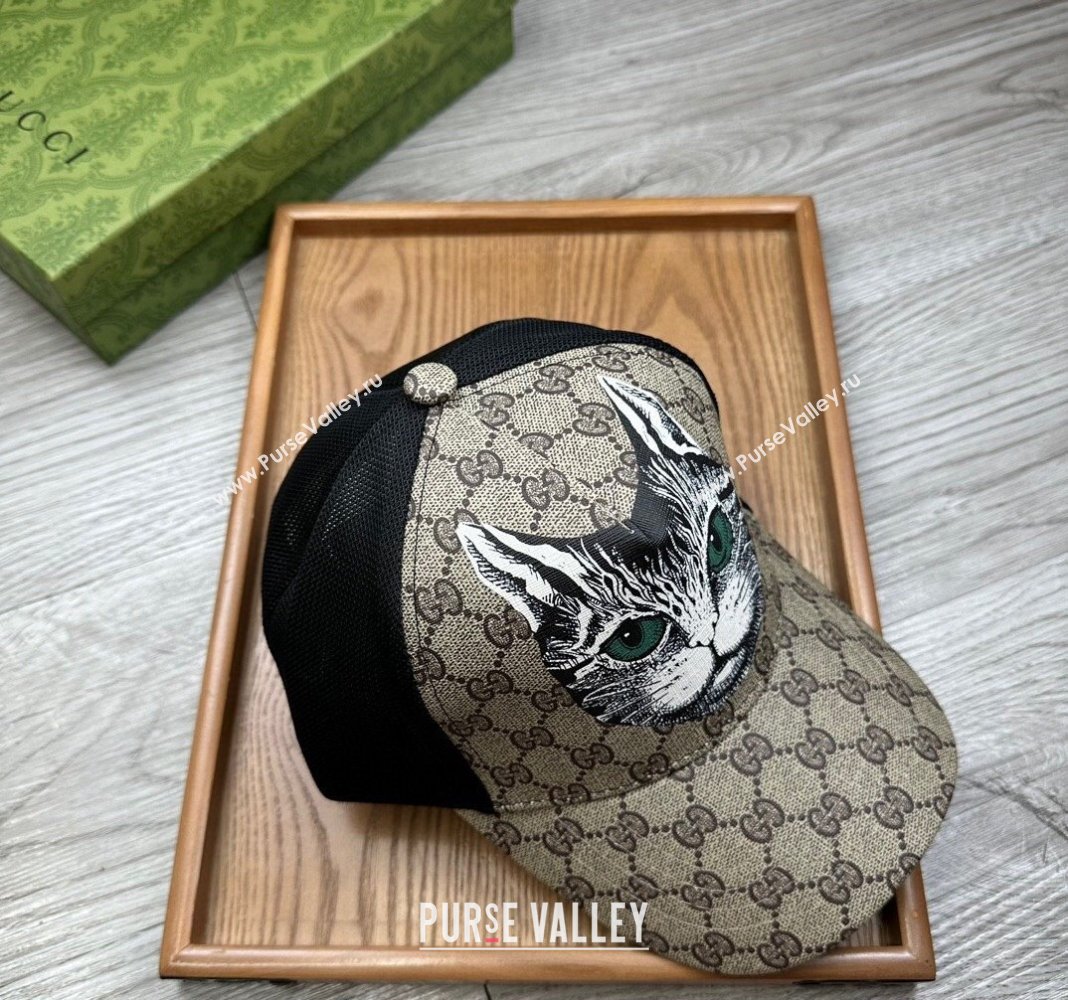 Gucci GG Canvas Baseball Hat with Cat Print Beige 2024 0403 (MAO-240403115)