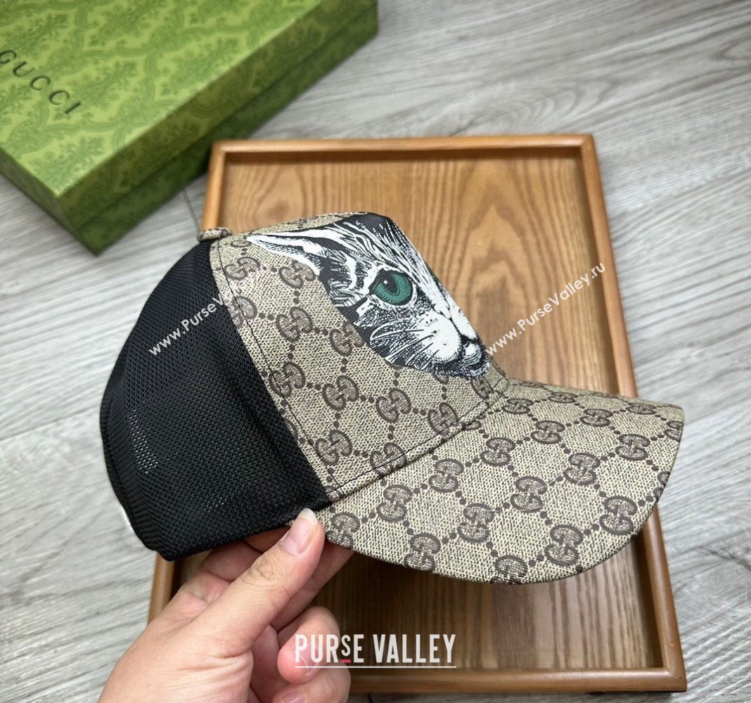 Gucci GG Canvas Baseball Hat with Cat Print Beige 2024 0403 (MAO-240403115)