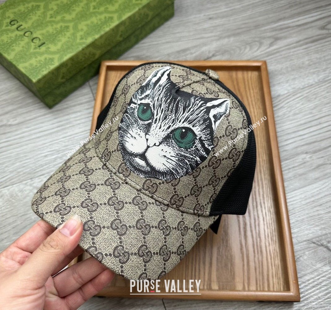Gucci GG Canvas Baseball Hat with Cat Print Beige 2024 0403 (MAO-240403115)