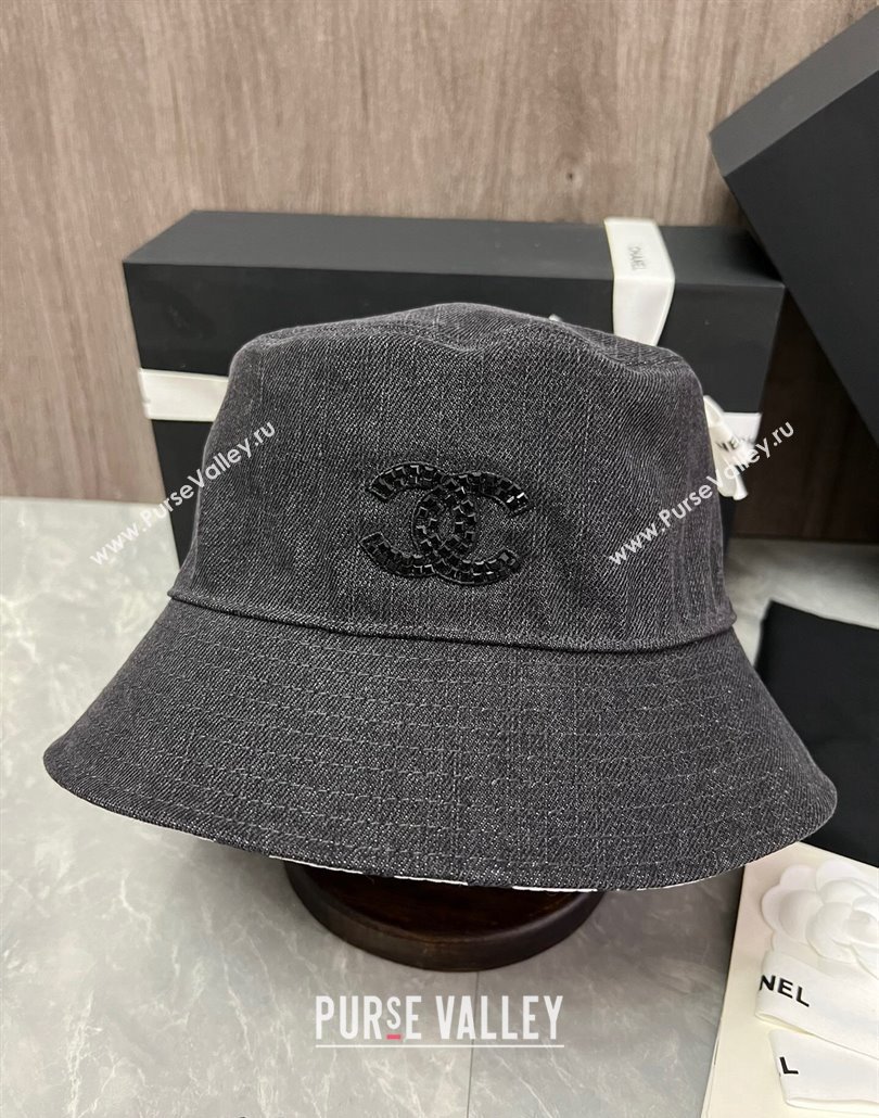 Chanel Denim Bucket Hat with Strass CC Black 2024 0514 (MAO-240514045)