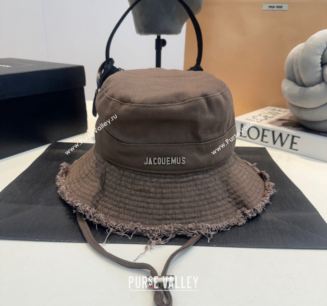 Jacquemus Canvas Bucket Hat with Fringe Grey Brown 2024 0619 (MAO-240619045)