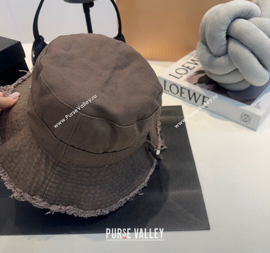 Jacquemus Canvas Bucket Hat with Fringe Grey Brown 2024 0619 (MAO-240619045)