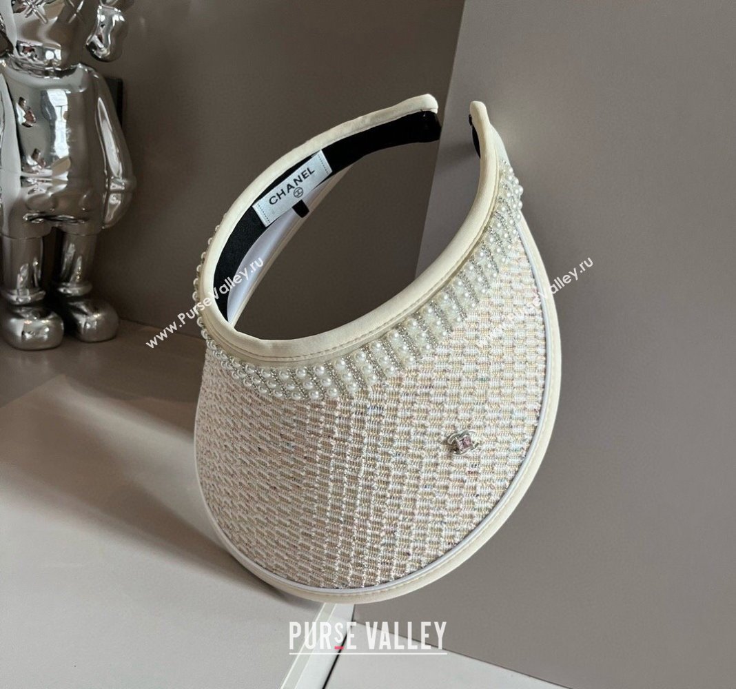 Chanel Tweed Visor Hat with Pearls Beige 2024 0618 (A-240619074)