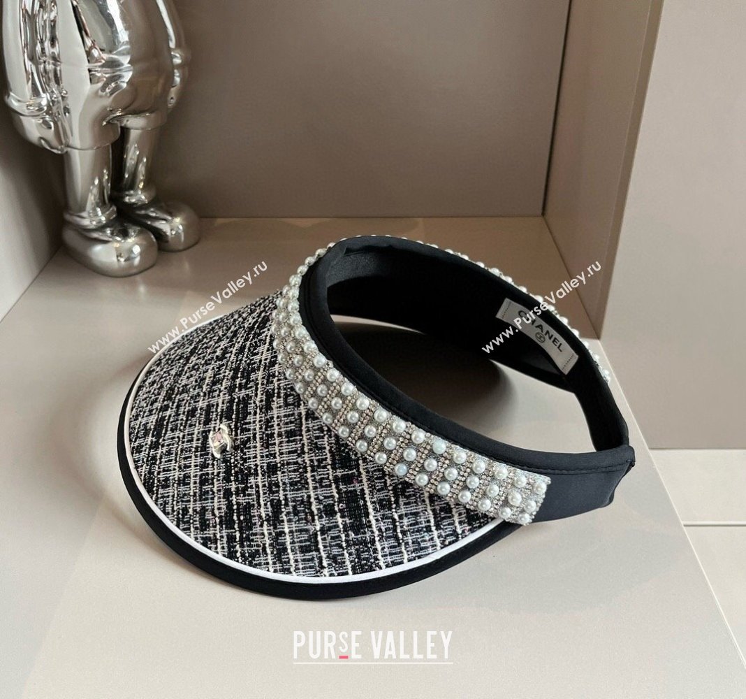 Chanel Tweed Visor Hat with Pearls Black 2024 0618 (A-240619075)