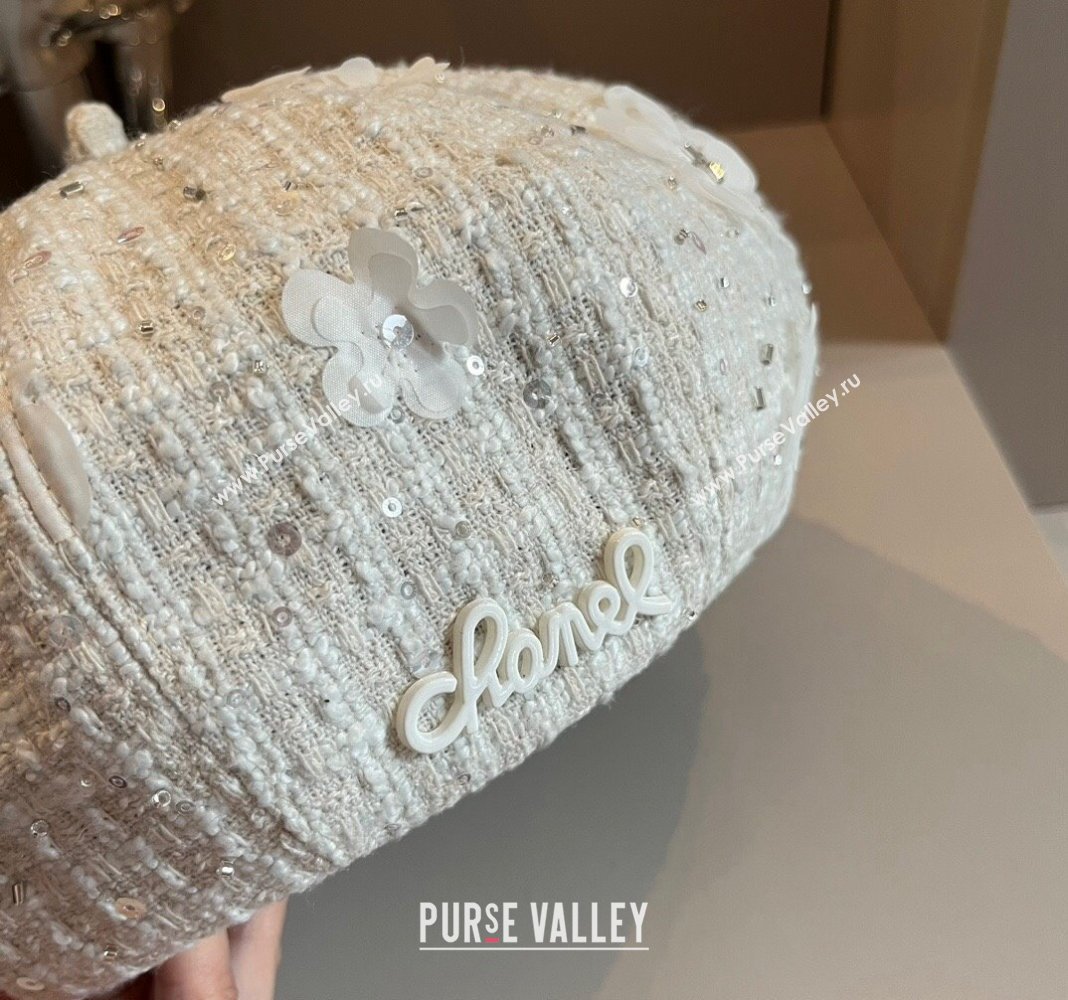 Chanel Tweed Beret hat with Flower White 2024 0730 (XMN-240730036)