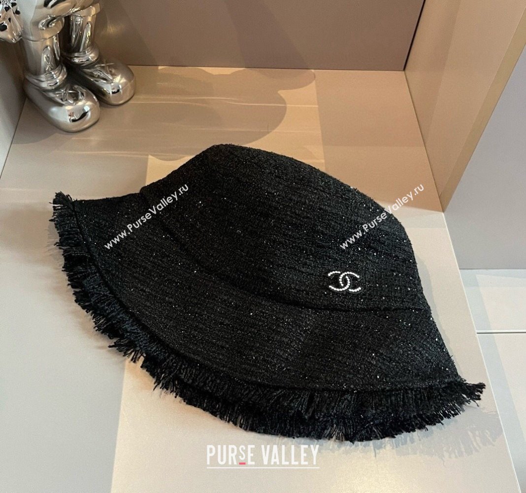 Chanel Tweed Bucket Hat with Fringe Black 2024 082201 (XMN-240822105)