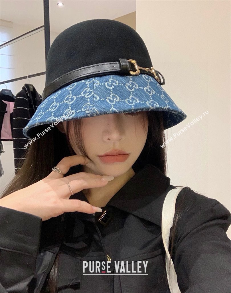 Gucci Horsebit Bucket Hat in Wool and Blue GG Denim Black 2024 (XMN-240913034)