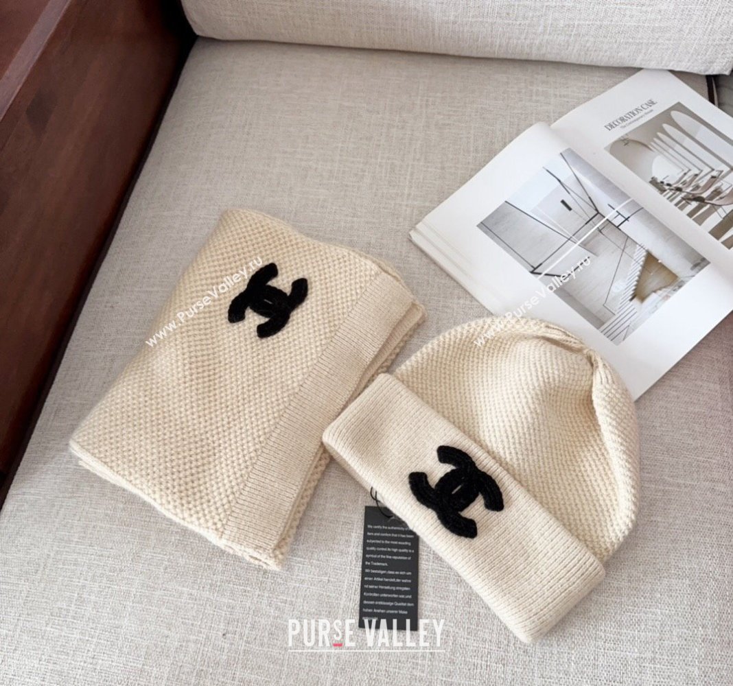 Chanel Knit Hat and Scarf Set Light Beige 2024 CH091305 (Mao-240913047)