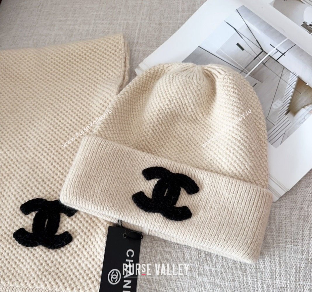 Chanel Knit Hat and Scarf Set Light Beige 2024 CH091305 (Mao-240913047)