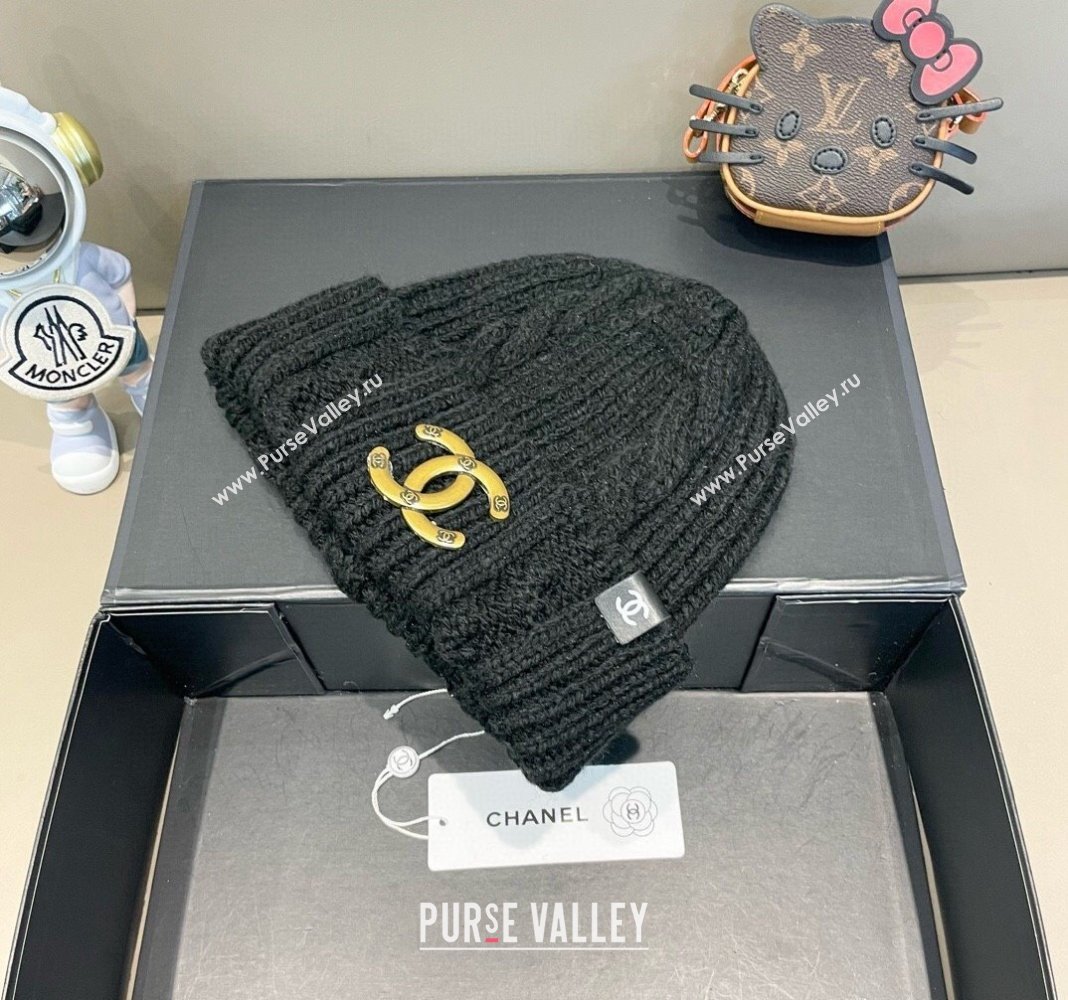 Chanel Knit Hat with Metal-Tone CC Black 2024 CH091307 (A-240913057)