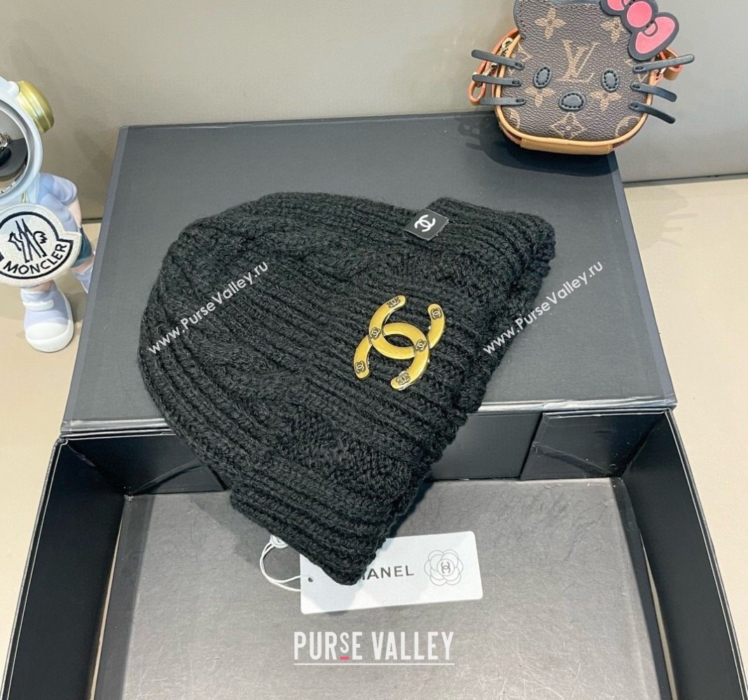 Chanel Knit Hat with Metal-Tone CC Black 2024 CH091307 (A-240913057)