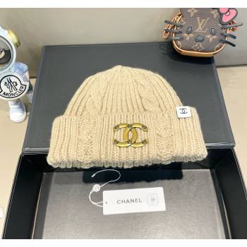 Chanel Knit Hat with Metal-Tone CC Beige 2024 CH091307 (A-240913058)