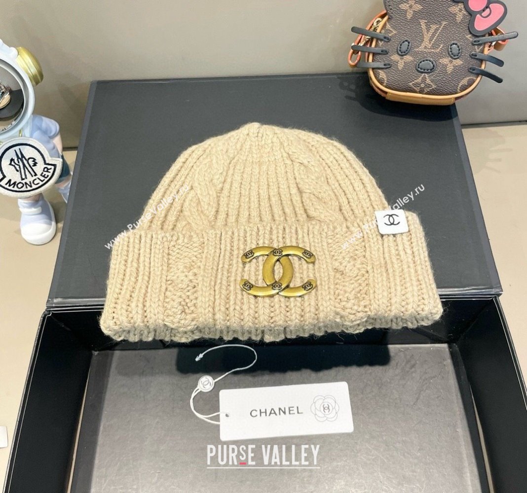 Chanel Knit Hat with Metal-Tone CC Beige 2024 CH091307 (A-240913058)