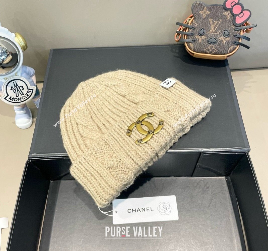 Chanel Knit Hat with Metal-Tone CC Beige 2024 CH091307 (A-240913058)