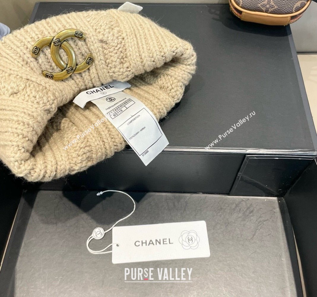 Chanel Knit Hat with Metal-Tone CC Beige 2024 CH091307 (A-240913058)