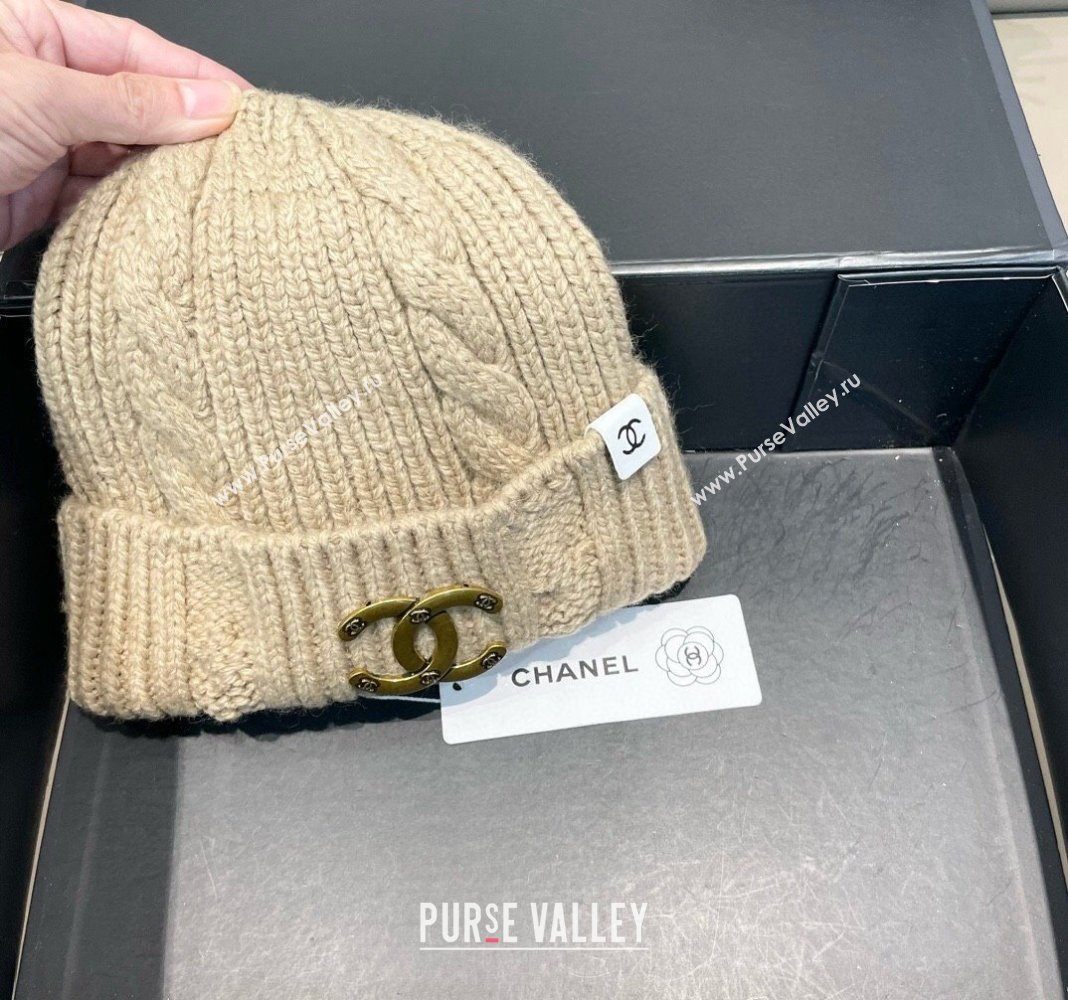 Chanel Knit Hat with Metal-Tone CC Beige 2024 CH091307 (A-240913058)