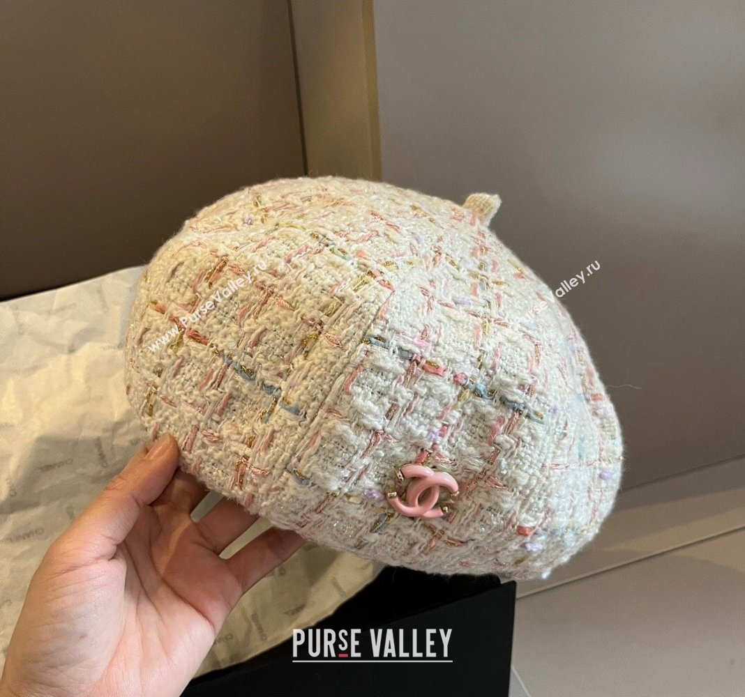 Chanel Tweed Beret Hat White/Pink 2024 1019005 (XMN-241019009)