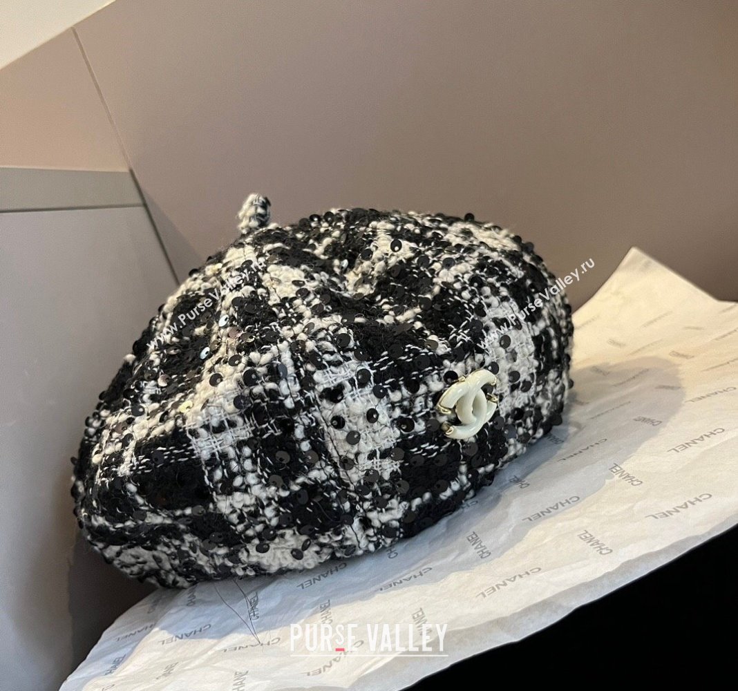 Chanel Tweed Beret Hat Black/White 2024 1019005 (XMN-241019010)