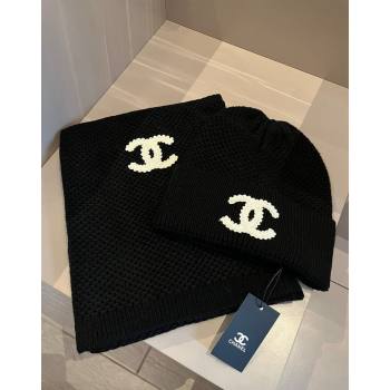 Chanel Knit hat and Scarf Set with Maxi CC Black 2024 1019001 (XMN-241019002)