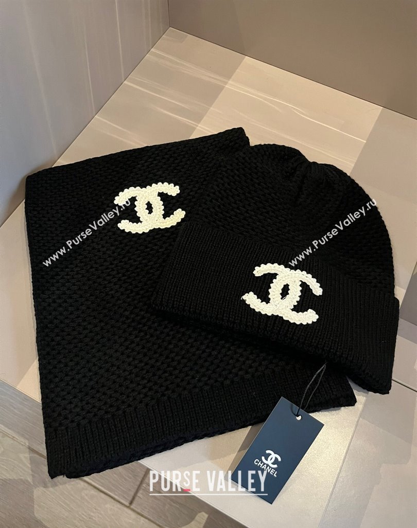 Chanel Knit hat and Scarf Set with Maxi CC Black 2024 1019001 (XMN-241019002)