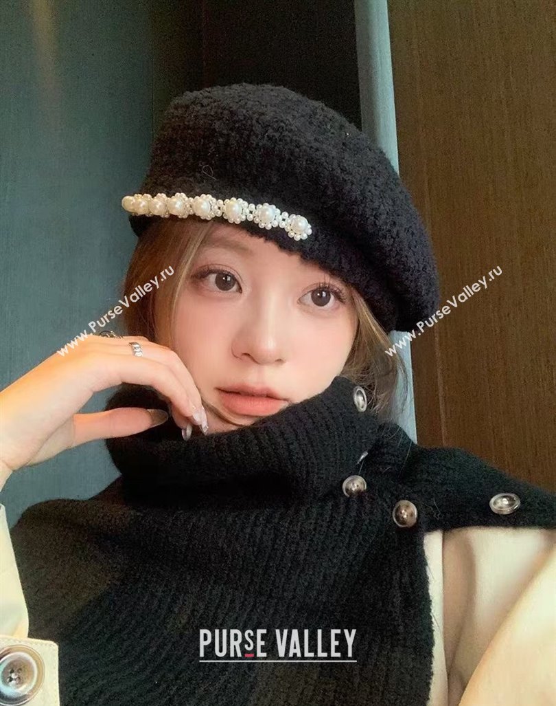 Chanel Tweed Beret Hat with Pearls Black 2024 1019006 (XMN-241019014)