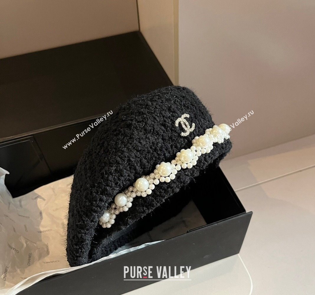 Chanel Tweed Beret Hat with Pearls Black 2024 1019006 (XMN-241019014)