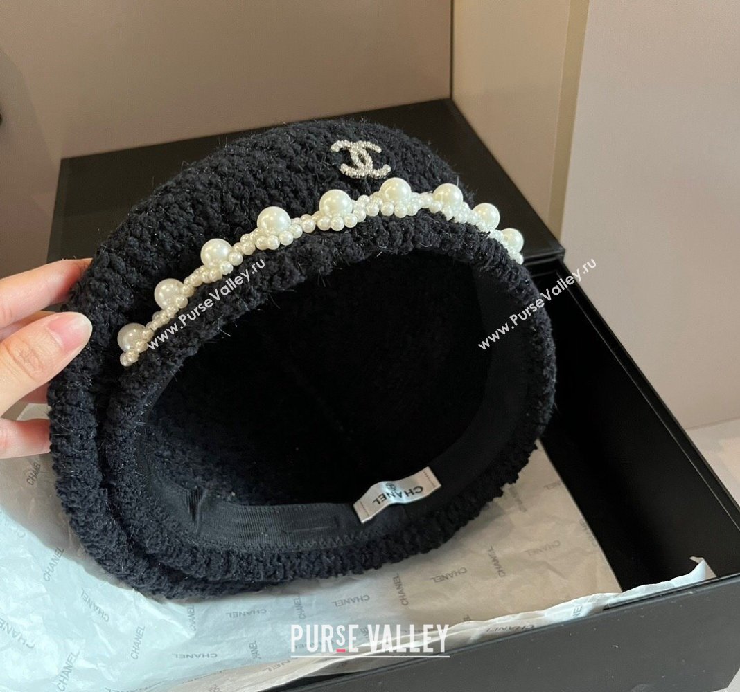 Chanel Tweed Beret Hat with Pearls Black 2024 1019006 (XMN-241019014)