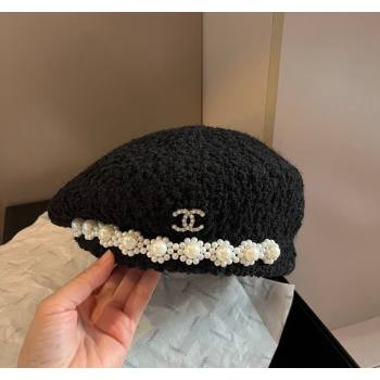 Chanel Tweed Beret Hat with Pearls Black 2024 1019006 (XMN-241019014)