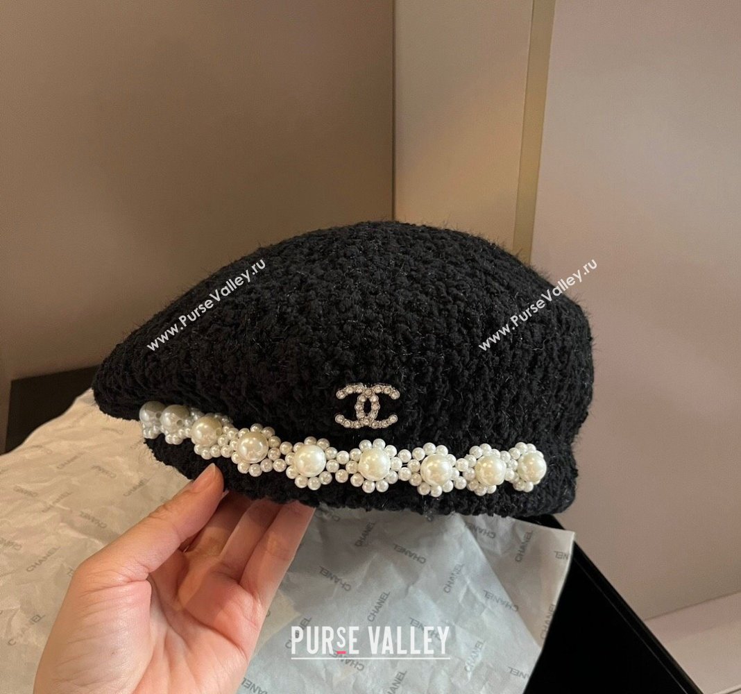 Chanel Tweed Beret Hat with Pearls Black 2024 1019006 (XMN-241019014)