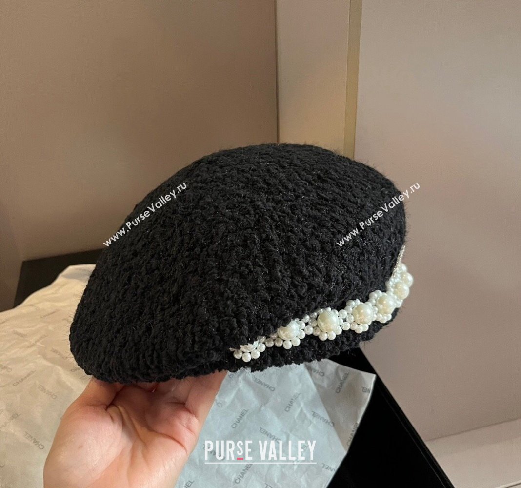 Chanel Tweed Beret Hat with Pearls Black 2024 1019006 (XMN-241019014)