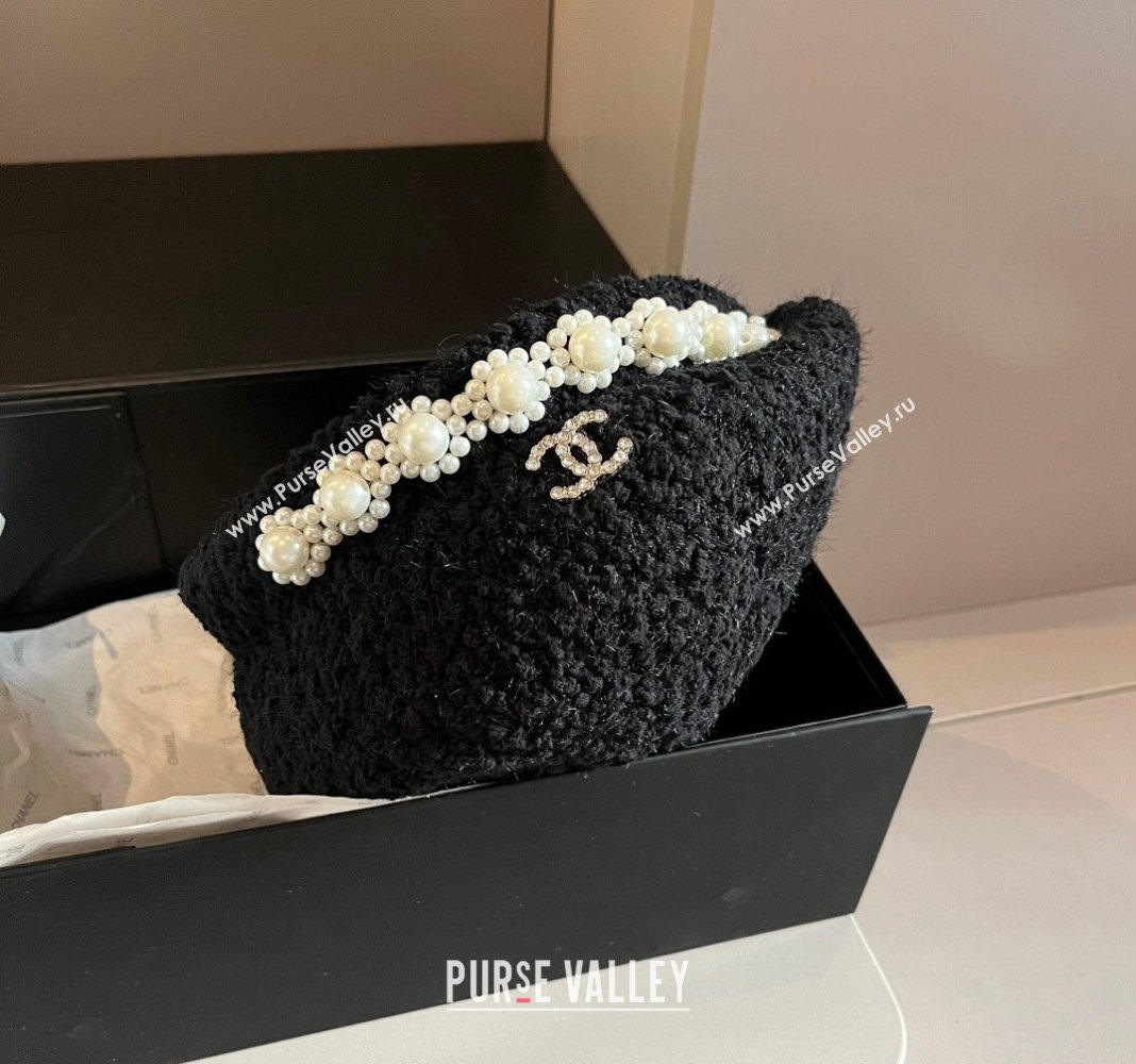 Chanel Tweed Beret Hat with Pearls Black 2024 1019006 (XMN-241019014)