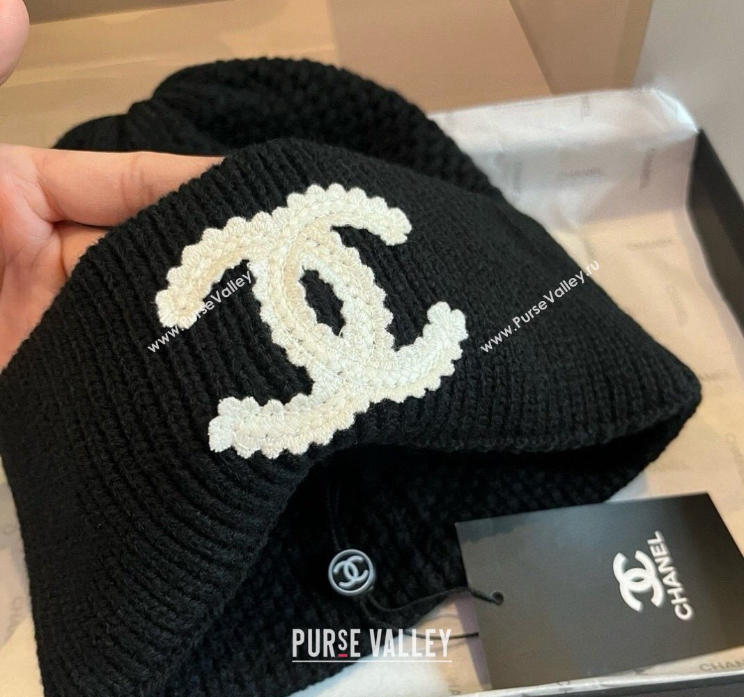 Chanel Knit hat and Scarf Set with Maxi CC Black 2024 1019001 (XMN-241019002)