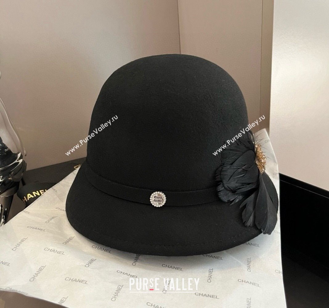 Miu Miu Wool Bucket Hat with Feather Black 2024 1019008 (XMN-241019021)