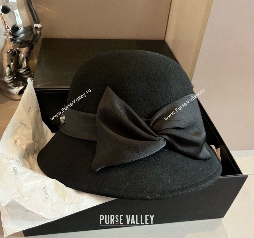 Chanel Wool Bucket Hat with CC Chain and Bow Black 2024 1019010 (XMN-241019026)