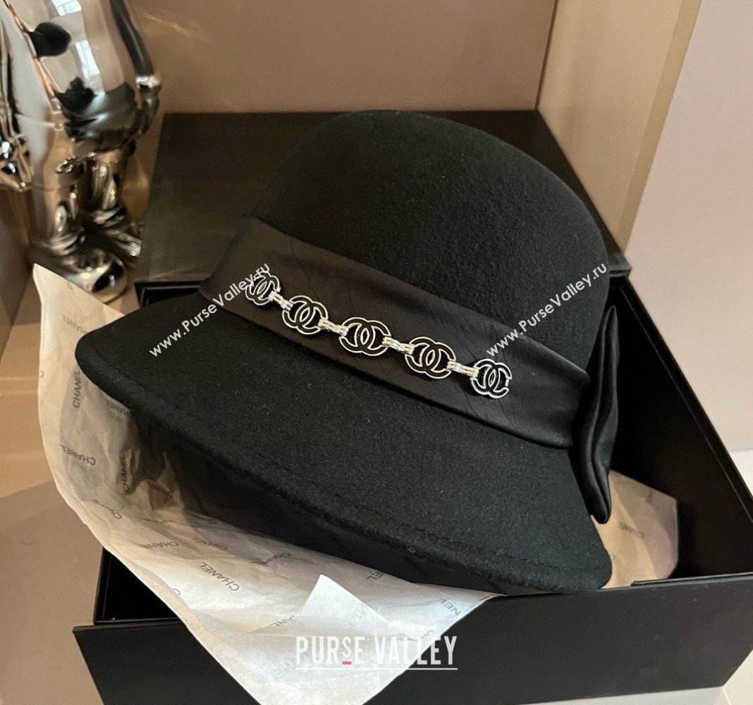 Chanel Wool Bucket Hat with CC Chain and Bow Black 2024 1019010 (XMN-241019026)