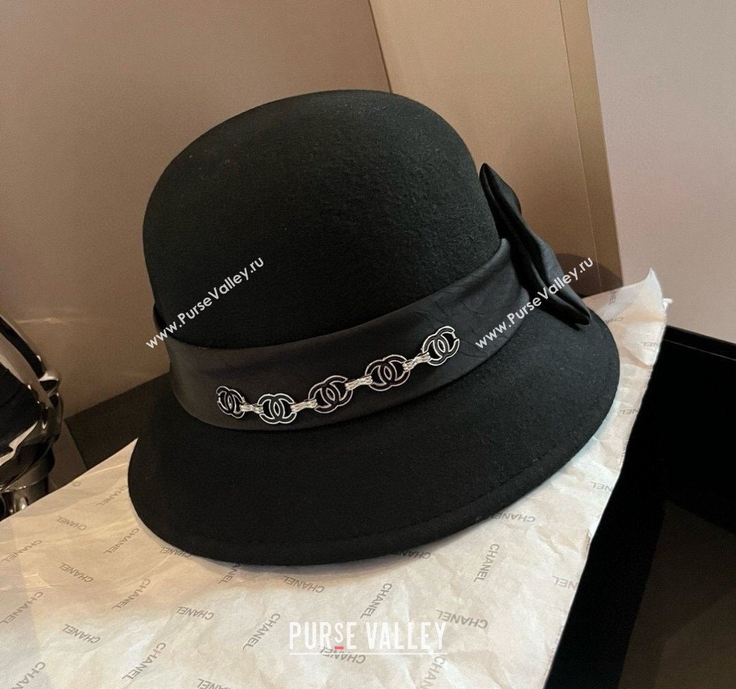 Chanel Wool Bucket Hat with CC Chain and Bow Black 2024 1019010 (XMN-241019026)