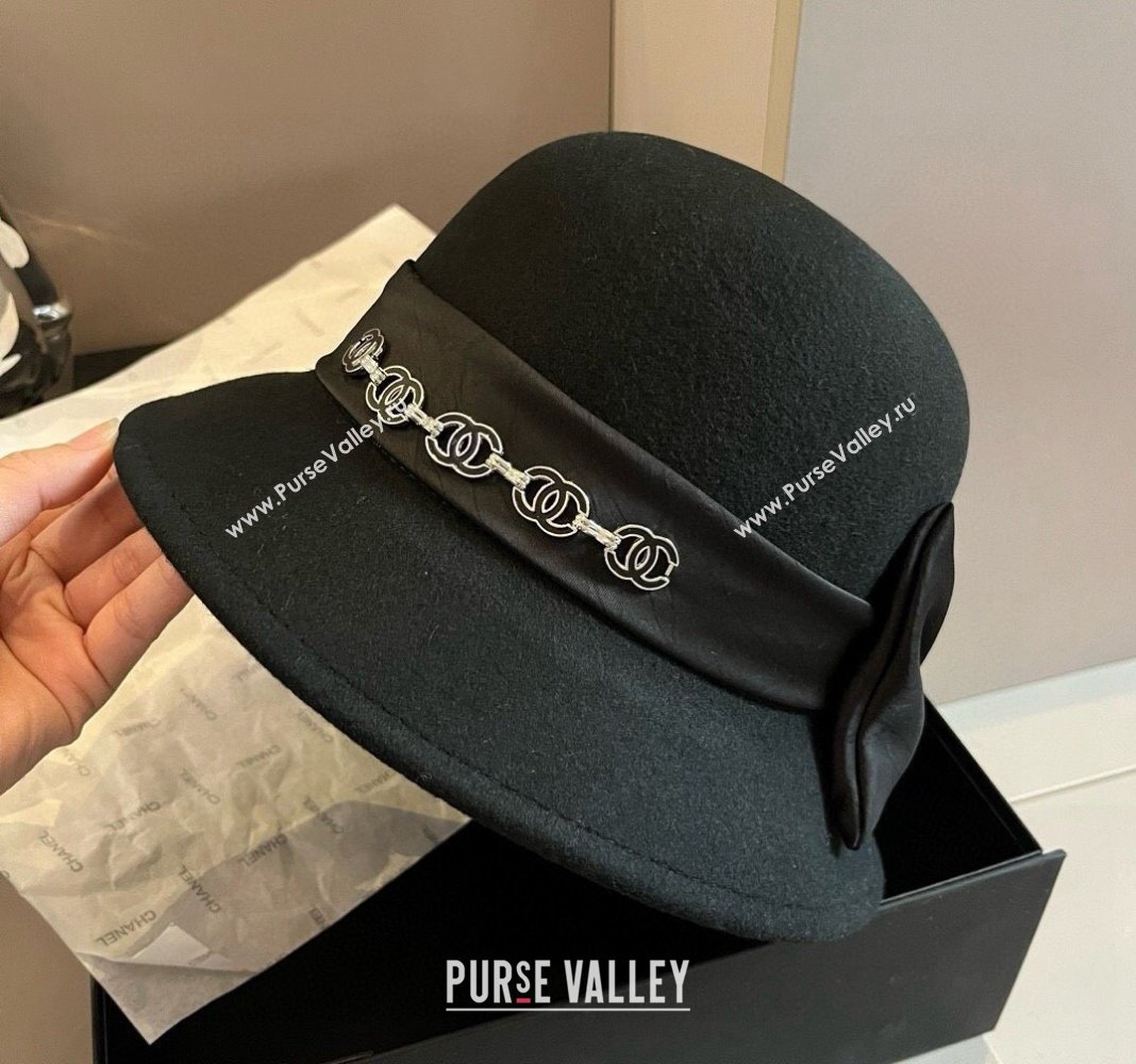 Chanel Wool Bucket Hat with CC Chain and Bow Black 2024 1019010 (XMN-241019026)